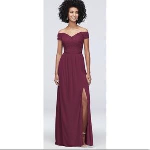 Davids Bridal WORN ONCE Off-the-Shoulder Lace and Mesh Bridesmaid Dress in Wine
